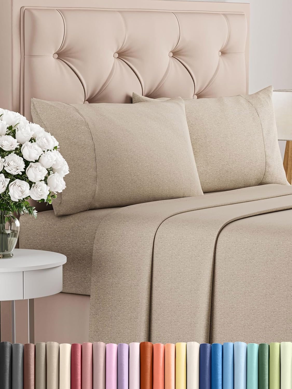 Cal King Size 4 Piece Sheet Set - Comfy Breathable & Cooling Bed Sheets Set - Hotel Luxury Bedding for Women, Men, Kids, Teens, Boys & Girls - Deep Pockets & Wrinkle Free - Beige (Heathered Sheets)