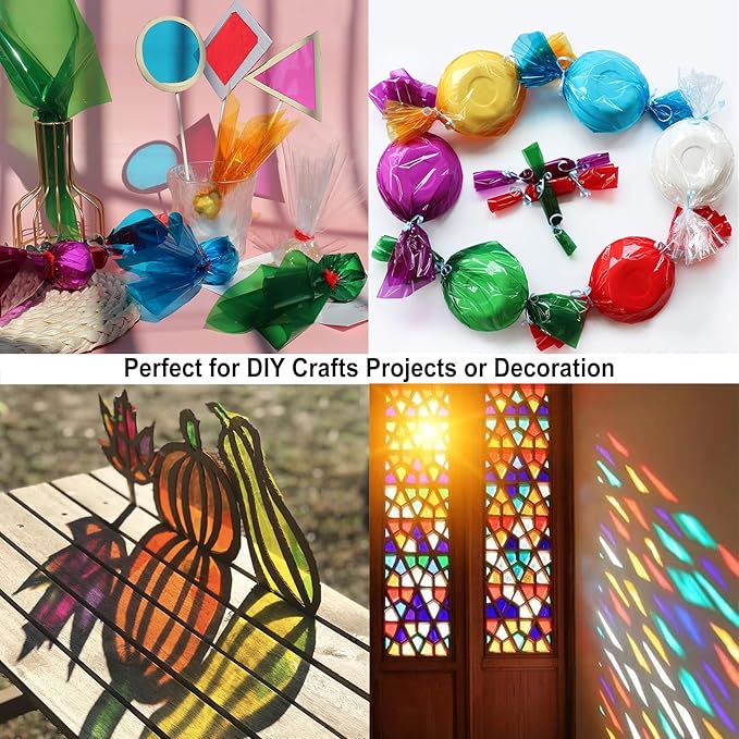 SYOGUA Transparent Colored Cellophane Wrap Roll - 6 Colors, 34 in x 16.4 ft Cellophane Paper Rolls - Red, Purple, Green, Gold, Blue, Clear Cellophane Wrap for Gift Baskets, Treats Wrapping, Crafts