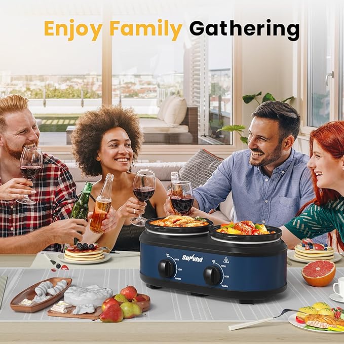 Sunvivi Double Slow Cooker,2 Removable Pots Small Mini Crock Buffet Server and Warmer with Adjustable Temp, Visible Glass Lids, Dishwasher Safe, 2 x 1.25 Quart, Blue