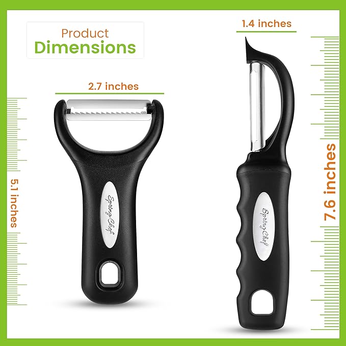 Spring Chef Swivel & Vegetable Julienne Peeler Set for Kitchen with Stainless Steel Sharp Blades - Potato Peelers with Soft Grip Handles & Blade Covers - Perfect for Carrot, Zucchini, Cucumber - Black