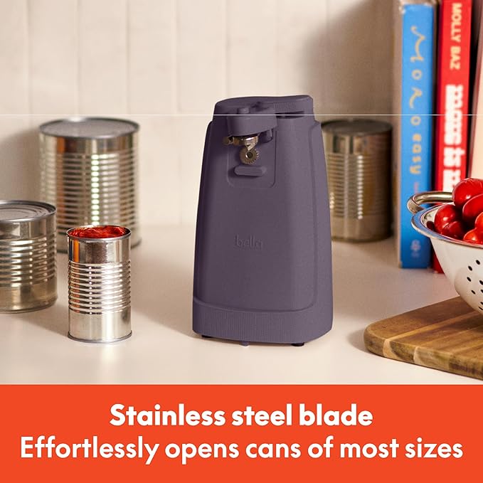 bella Electric Can Opener and Knife Sharpener, Multifunctional Jar and Bottle Opener with Removable Cutting Lever and Cord Storage, Stainless Steel Blade, Plum