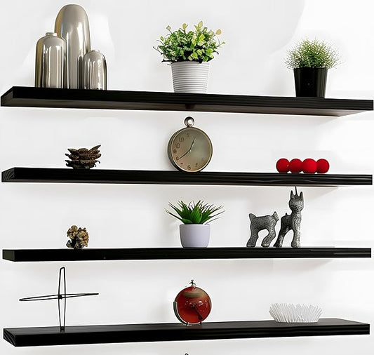 Wood Floating Shelves for Wall Decor, Rustic Wall Shelves for Bedroom Bathroom Kitchen Living Room, Set of 4 Black 48 Inch