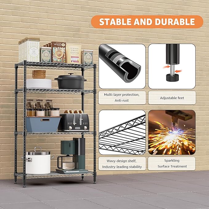 1400 lbs 4 Tier Storage Rack Metal Wire Shelving Unit, Storage Standing Household Shelf Organizer for Kitchen Pantry Closet Garage Basement Utility Room, Black 15.8" D x 45.3" W x 59.4" H
