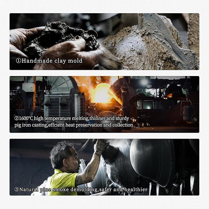 WANGYUANJI Cast Iron Wok,13.4 inch Flat Bottom Wok with Glass Lid,Suitable for All Cooktops, Uncoated Craft Pot Healthy Cooking Pot