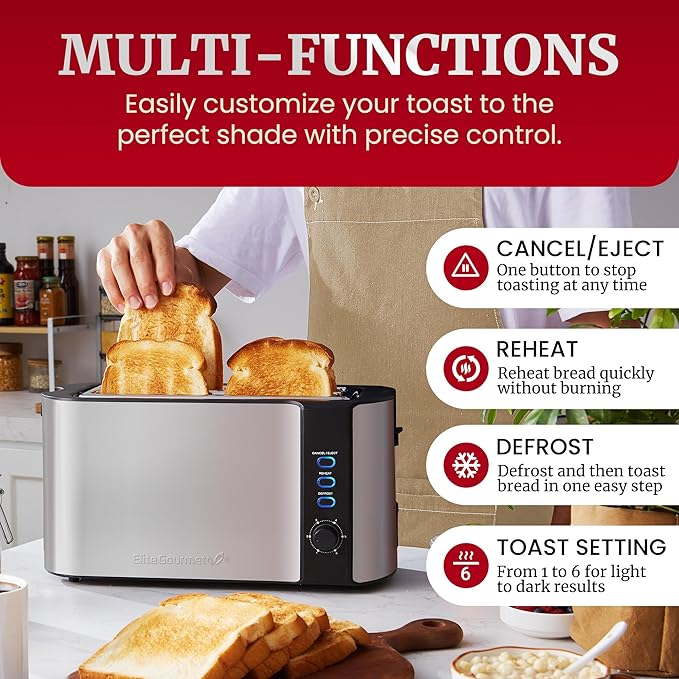 Elite Gourmet ECT-3100 Long Slot 4 Slice Toaster, Reheat, 6 Toast Settings, Defrost, Cancel Functions, Built-in Warming Rack, Extra Wide Slots for Bagels & Waffles, Stainless Steel & Black