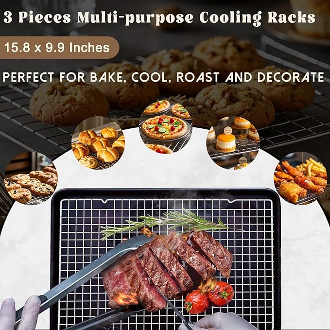 Cooling Racks for Cooking and Baking - 3PCS 16" x 10" Premium Stainless Steel Wire Cookie Cooling Rack for Baking, Roasting, and More - Oven & Dishwasher Safe - Fits Jelly Roll Pan