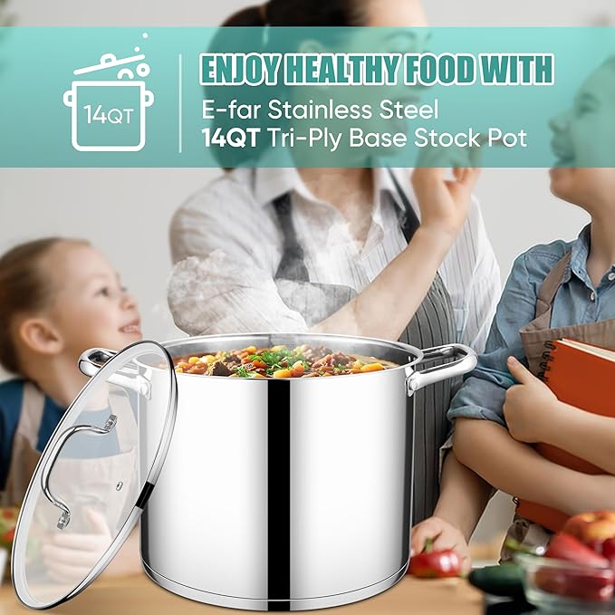 E-far 14 Quart Stainless Steel Stock Pot, Heavy Duty Induction Stockpot with Glass Lid for Cooking Soup Canning, Thick Tri-Ply Bottom & Riveted Handles, Compatible with All Stoves, Dishwasher Safe