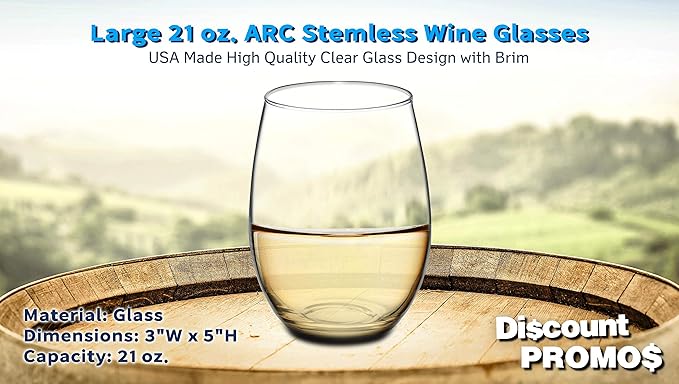 DISCOUNT PROMOS 10 ARC Stemless Wine Glasses Set, 21 oz. - Chardonnay, Cabernet, Merlot, Sauvignon - Clear