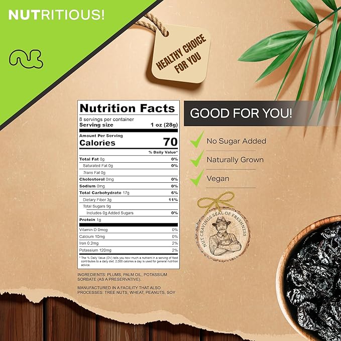 NUT CRAVINGS - Dried Prunes Pitted Unsweetened, Dry Plums No Sugar Added (8oz, 1 Pack) Bulk Dry Fruits Packed Fresh in Resealable Bag - Sweet Healthy Snack, Naturally Grown, Vegan, Kosher