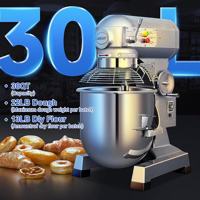 Commercial Food Mixer 30Qt,1250W Commercial mixer 3-Speed Adjustable with Timing Function,Industrial Dough Mixer with Stainless Steel Bowl for Bakery Pizzeria (Upgrade)