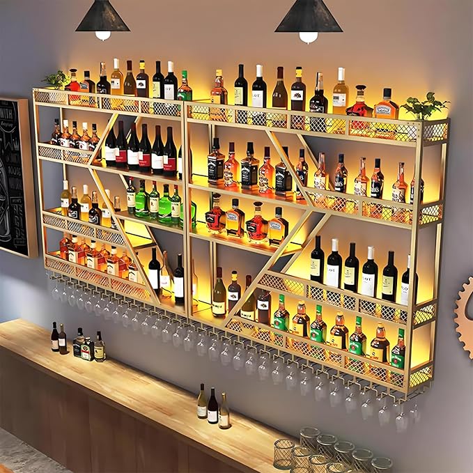 94.48in Metal Wine Rack Wall Mounted, Modern Wine Storage Rack Wall Mounted with Wine Glass Holder, Liquor Shelf, Bar Shelves for Liquor Bottles (4 Tiers Gold, 94.48 * 7.87 * 33.85INCH)