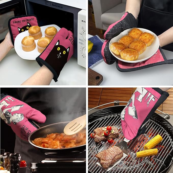 ZHANTUONE Judging You Silently Funny Heat Resistant Oven Mitts and Pot Holders Set with Silicone Non-Slip, Cute Cat Cooking Baking Gadgets, Gifts for Mom Aunt Sister BFF Cat Lover