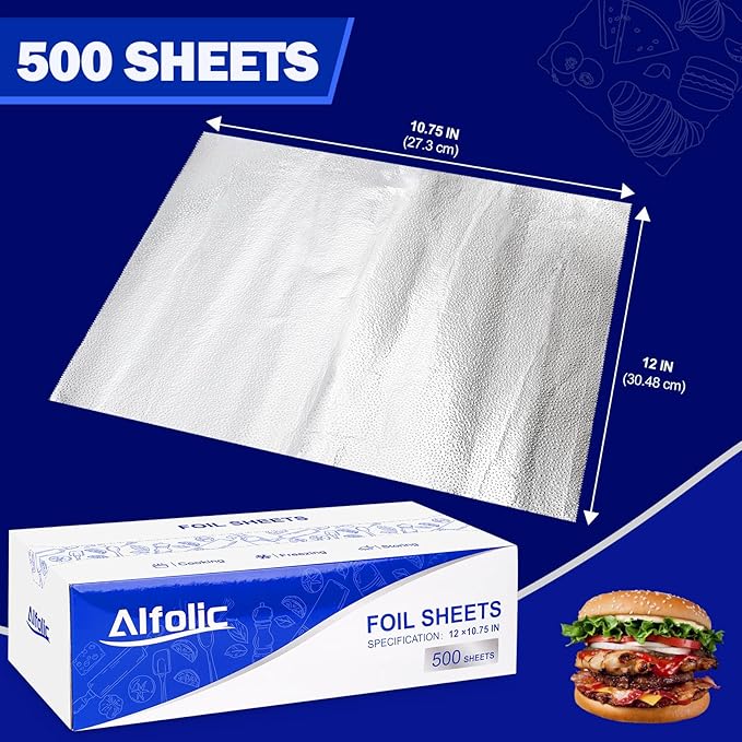 Aluminum Foil Sheets - 12" x 10.75" Pre Cut Tin Foil, Premium Aluminum Foil Wraps for Cooking, Storing Food - 500 Sheets