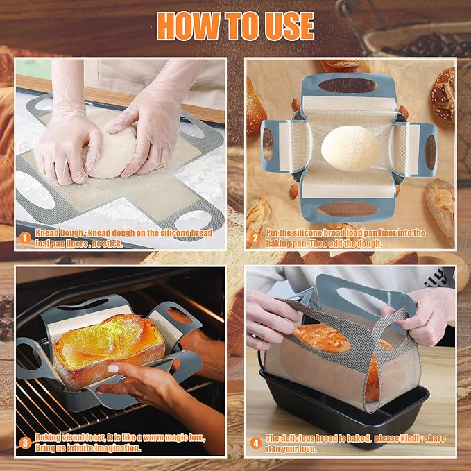 Reusable Silicone Bread Loaf Pan Liner, Food-Grade Silicone Bread Sling, Sourdough Bread Baking Mat, Non-Stick &Easy Clean Dough Transfer Tool, Fits 9x5" or 1.5lb Loaf Pans, Grey & Orange, 2PCS