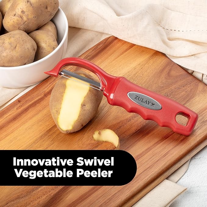 Zulay Kitchen Premium Vegetable Peeler for Kitchen - Swivel Peeler with Razor Sharp Stainless Steel Blades & Strong Ergonomic Handle - Dishwasher Safe, Easy To Use with Blemish Remover - Red
