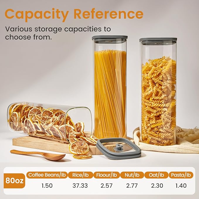 Square Glass Food Storage Jars with Lids[Set of 3], Perfect for Pasta, Cookies, Nuts, Coffee, Cereal, Flour, Organize Your Kitchen with these BPA-Free Glass Jars with Silicone Lids