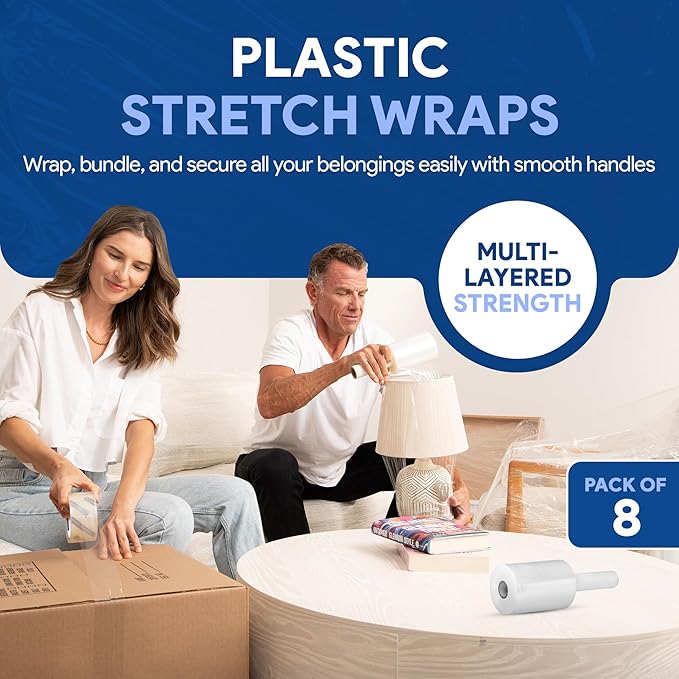 International Plastics Co. 18" Plastic Stretch Film/Wrap 1200ft 500% Stretch Clear Cling Durable Adhering Packing Moving Packaging Heavy Duty Shrink (5" Products, 8 Pack)