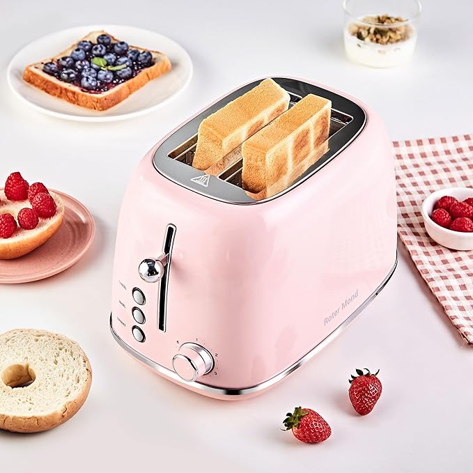 2 Slice Toaster Retro Stainless Steel with Bagel, Cancel, and Defrost Functions, 6 Bread Shade Settings, Extra Wide Slots and Removable Crumb Tray, Pink