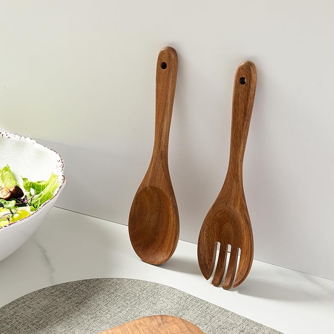 Wood Salad Servers, 10.5-inch Salad Spoon and Fork Serving Set, Set of 2 Wood Salad Serving Set, Wood Salad Tongs Salad Serving Tossing Utensils for Kitchen Stirring Mixing and Cooking