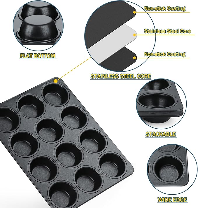 E-far Nonstick Muffin Pans 12 Cups, Stainless Steel Muffin Tin Cupcake Pan Tray for Baking, Stainless Steel Core & Non Toxic, Easy Release & Easy Clean, Black