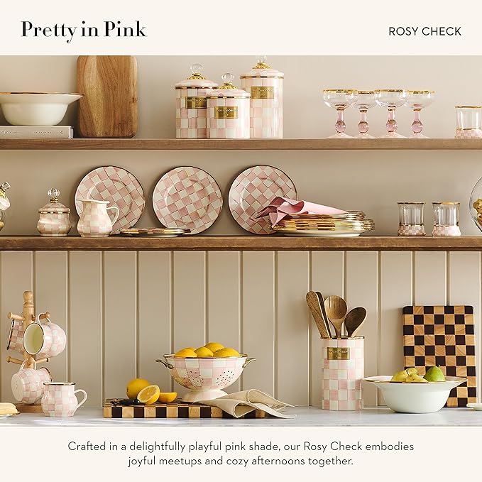 MACKENZIE-CHILDS Enamel Utensil Holder, Kitchen Utensil Holder for Countertop, Storage Caddy, Pink-and-White Rosy Check