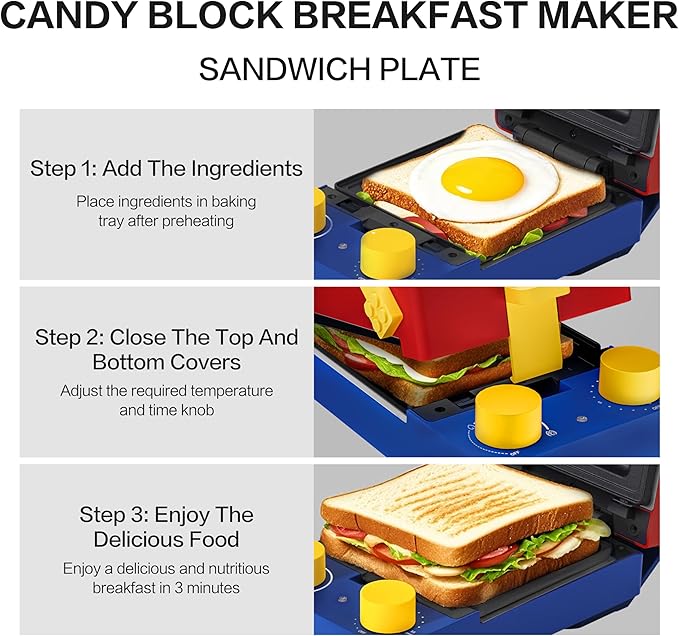 CANDY™ 3-in-1 Waffle Maker Panini Press, Grilled Sandwich Maker with Removable Plates, Compact & Portable Mini Toaster, Fast Double Heating, Unique Block-Style Design, Great for Breakfast or Snacks