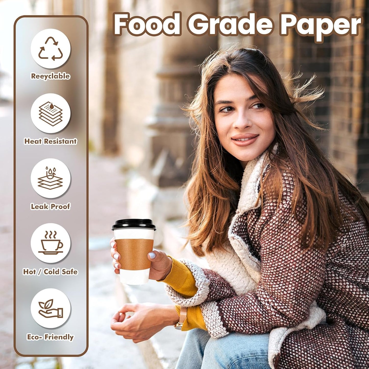 12 oz Paper Coffee Cups with Lids and Sleeves 100 Pack, Sturdy Leak-Proof Design for Hot Drinks, Disposable Coffee Cups for Office, Parties, and Travel