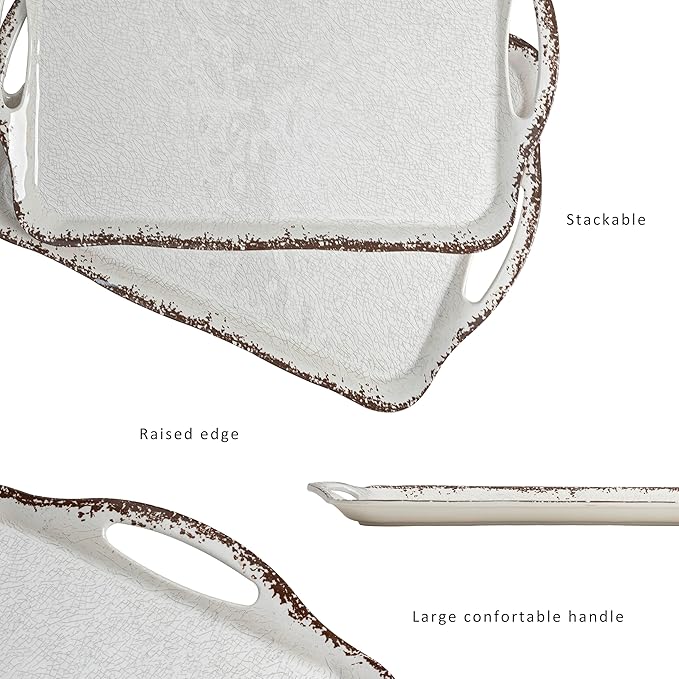 LEHAHA Vintage White Large Serving Tray with Handles, 17.25x12 inch, Set of 2 Melamine Platters for Serving Food, Turkey, Cookie, Rectangular Trays for Eating, Crackled Finish with Rustic Raised Rim.