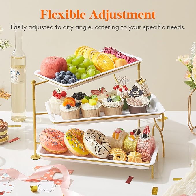 Lifewit 3 Tiered Tray Stand for Party Entertaining, 14"×6.5" Serving Platters and Trays, Reusable Plastic Trays with Stable Gold Mental Stand for Veggie, Fruit, Cookies, Dessert