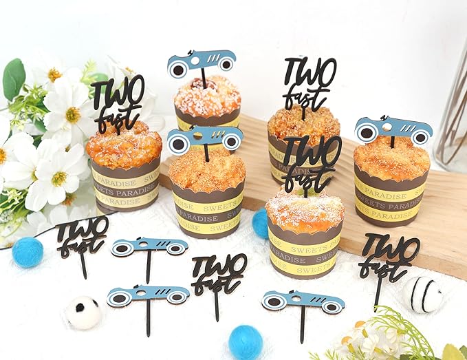 Wooden Two Fast Birthday Cupcake Toppers - Two Fast Decorations,Race Car Party Cake Toppers,Racing Car Birthday Topper (two fast cake topper)