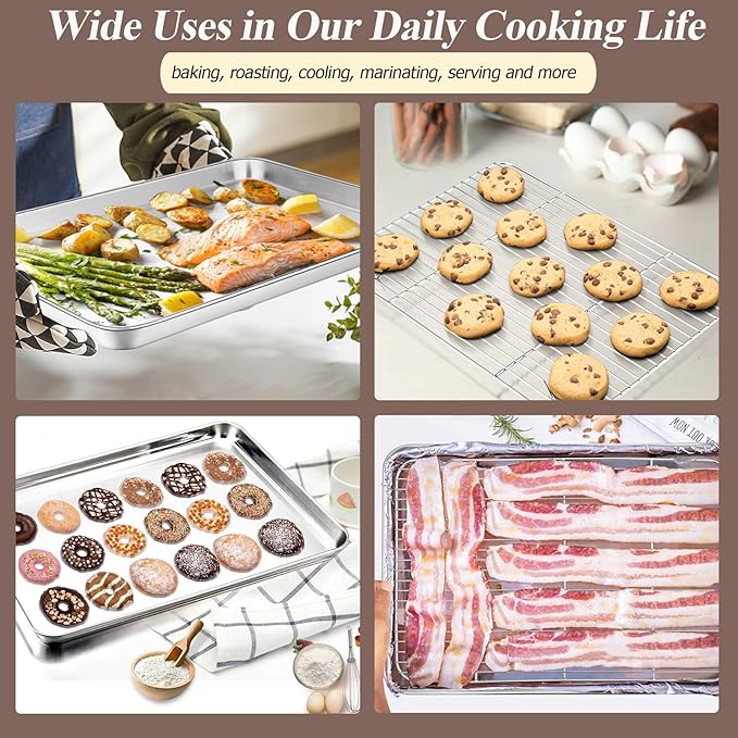 TeamFar Baking Sheet with Rack Set (2 Pans + 2 Racks), Stainless Steel Baking Pan Cookie Sheet for baking, Non Toxic & Healthy, Easy Clean & Dishwasher Safe - 4 Pack
