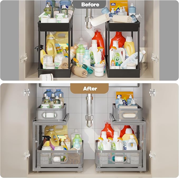 2 Pack 15.5IN-Depth Under Sink Organizer With Next-Gen Ball-Bearing Slides,2-Tier Precision Mesh Pull Out Cabinet Storage for Bathroom&Kitchen,Height Adjustable Drawers Shelf,Anti-rust-Grey