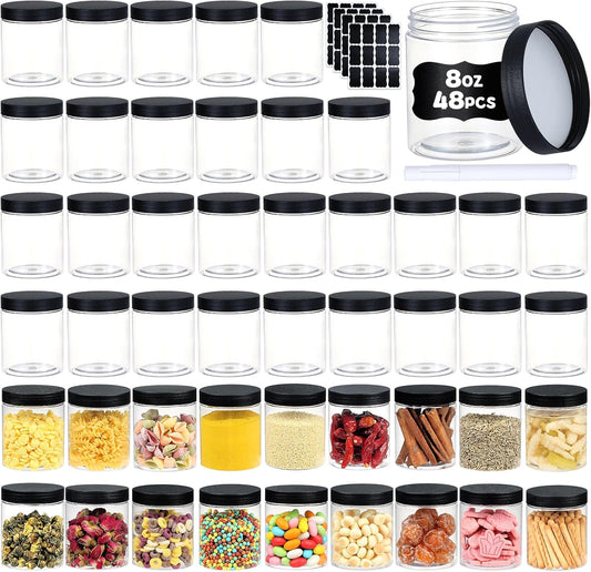 48 PCS 8 OZ Plastic Jars with Screw On Lids,Labels Refillable Empty Round Slime Containers for Storing Dry Food, Honey Jam, Cream, Butter, Lotion, black