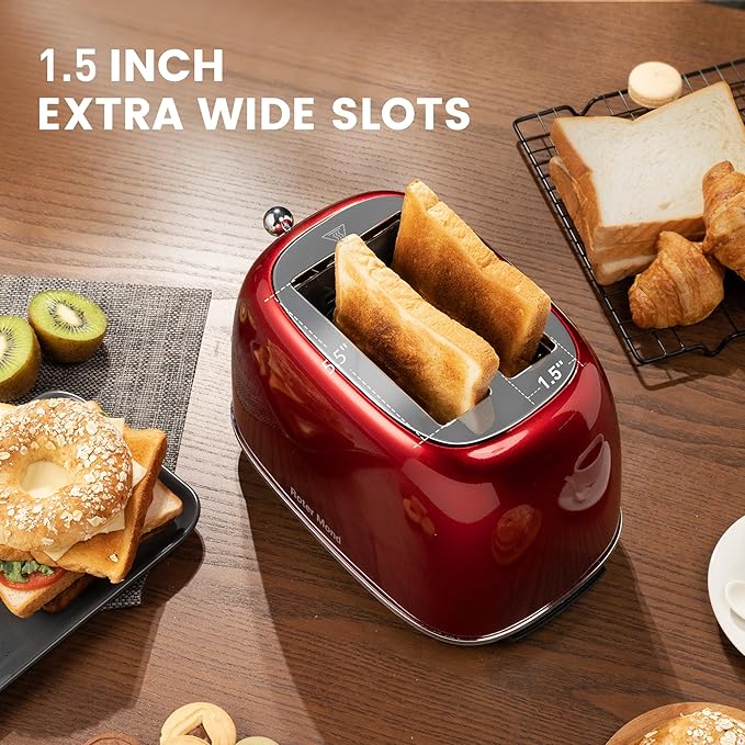 2 Slice Toaster Retro Stainless Steel with Bagel, Cancel, and Defrost Functions, 6 Bread Shade Settings, Extra Wide Slots and Removable Crumb Tray, Red