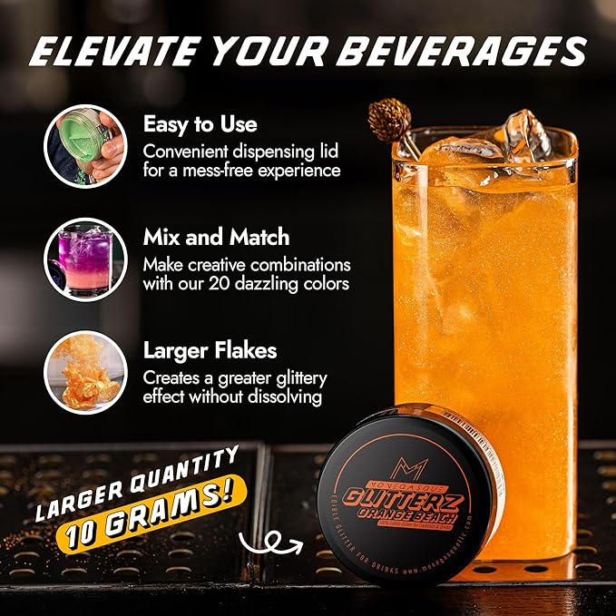 MONÉGASQUE Orange Edible Glitter for Drinks 10g – Edible Glitter for Cakes & Cocktails – Orange Cupcakes & Halloween Cake Decorations Spray Sprinkles – Drink Shimmer Powder for Cocktail Sparkles