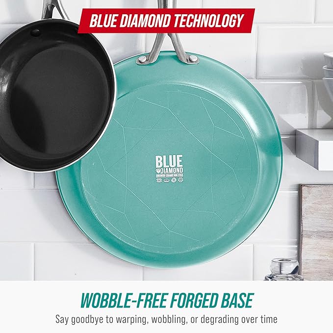 Blue Diamond 8" Nonstick Frying Pan Skillet, Diamond Infused PFAS & PTFE-Free Ceramic Pot, Dishwasher & Oven Safe, Stay Cool Handle, Durable Non Toxic Metal Utensil Safe, Egg & Omelet Pan, Turquoise