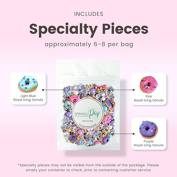 Sprinkle Pop Donut Sprinkle Mix| Lavender White Gold Pink Blue Sprinkle Mix with ~6 Sprinkled Donuts Royal Icings| Birthday Decorating Sprinkles Made in USA for Cupcakes Cakes Cookies Donuts, 2oz