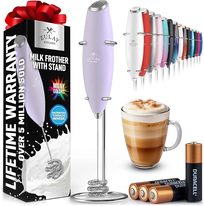 Zulay Kitchen Patented Tornado Triple Whisk Milk Frother with 4 Duracell Batteries – Handheld Foam Maker for Coffee, Lattes, Matcha & Hot Chocolate – Rich, Creamy Froth in Seconds