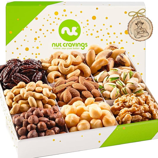 NUT CRAVINGS - Mixed Nuts Gift Basket in White Gold Box (9 Assortments) Food Arrangement, Healthy Snack Care Package, Food Assortments