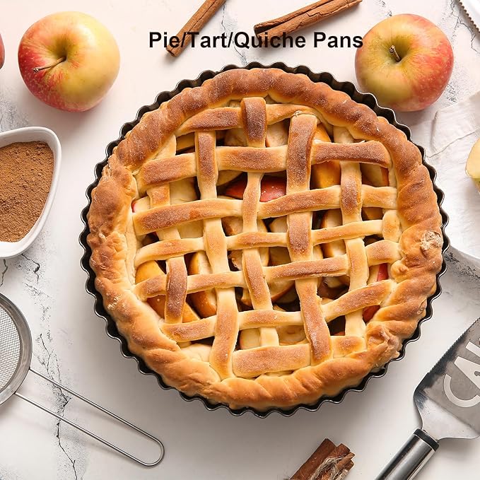 11 & 9 Inch Round Tart Pans with 2Pcs 4'' Mini Pans. Removable Bottom, Non-Stick Coating, Rugged Carbon Steel for Tart Quiche Pie Making. Gift for Christmas Thanksgiving Party Festival Family