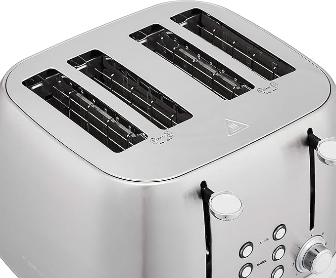 Amazon Basics 4 Slice Toaster with 6 Browning Settings, Removable Easy-to-Clean Crumb Tray, Cancel Button, 1600W, Brushed Silver