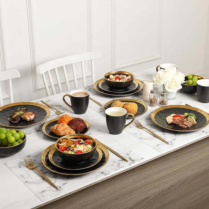 vicrays Ceramic Salad Bowls Set for Kitchen, Serving - 24 Ounce Soup Bowls, Pasta Bowls, Chip Resistant, Dishwasher Safe, NOT Microwave Safe, Fluted, Stoneware, Set of 6 (Black with Golden)