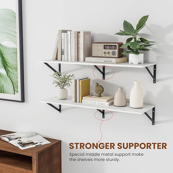 Heimlove White Deep Floating Shelves for Wall, 36W x 12D Wood Wall Shelves Set of 2, Wide Floating Bookshelf for Living Room, Kitchen, Office, Bedroom and Decor Storage, with Black Bracket - White