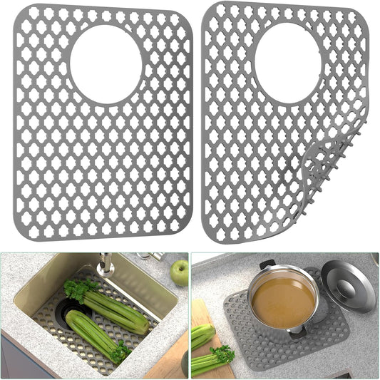 TOOVEM Kitchen Sink Mats, 2PCS Non-Slip Heat Resistant Silicone Sink Protector Mat, Folding Farmhouse Rear Drain Sink Mats, Side Drain, Grey