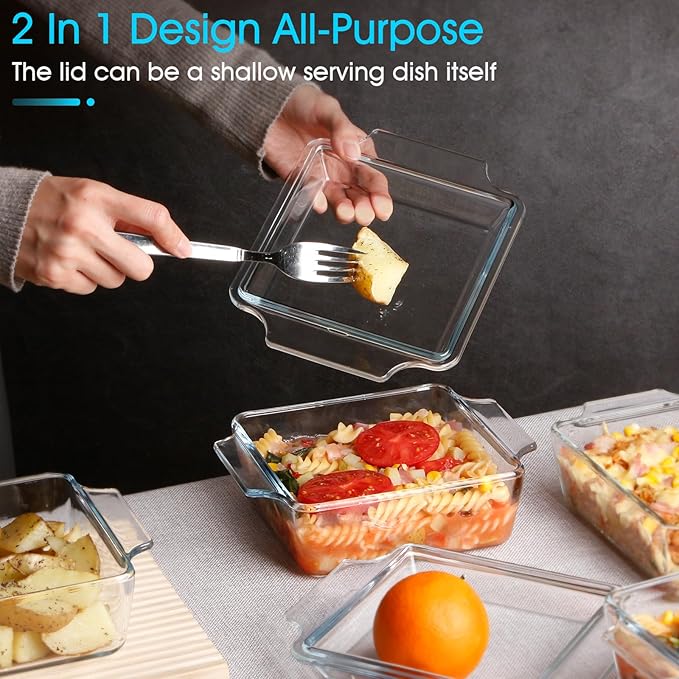 Set of 2 Glass Casserole Dish With Glass Lid, Square 6in x 6in Glass Baking Dish Oven Safe, Mini Casserole Dish with Lid