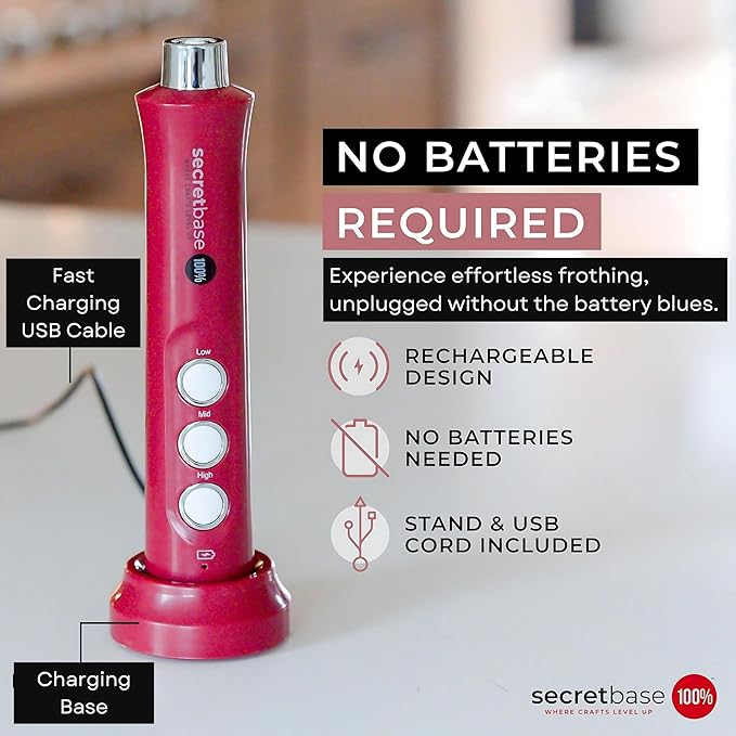 Secretbase Rechargeable Milk Frother Mixer, Pitcher and Charging Base - 3 Speed Handheld Foam Maker for Barista Style Coffee, Bulletproof Coffee, Keto Coffee and Matcha Latte