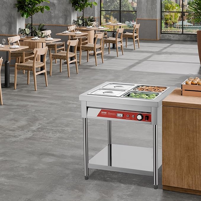 VEVOR 4-Pan Commercial Food Warmer, 4 x 1/2 Pans Electric Steam Table, 1500W Professional Buffet Catering Food Warmer with Undershelf, Stainless Steel Server for Restaurant Party Hotel