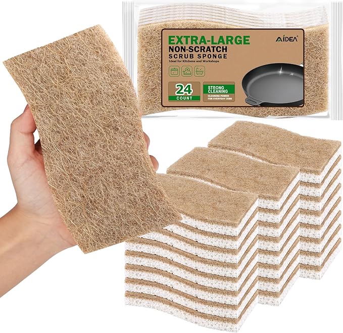 AIDEA XL Scrub Sponges Non-Scratch, 24Count, Large Natural Sponge for Non Stick Cookware, Sponges Kitchen, Cellulose Cleaning Sponge for Dishes, Kitchen, Bathroom, Household
