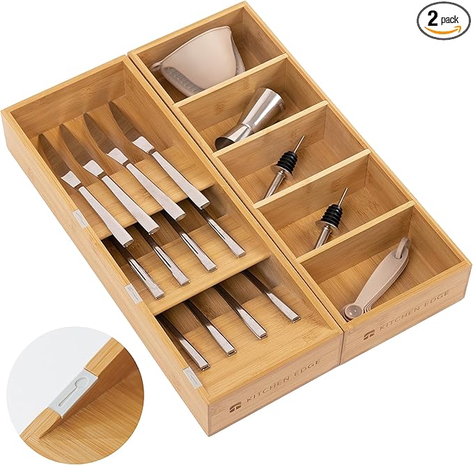 Premium Silverware and Utensil Drawer Organizers – Slanted 3-Compartment and 5-Compartment Design, Labeled Slots, Non-Slip Feet, 100% Sustainable Bamboo, 2 Pack