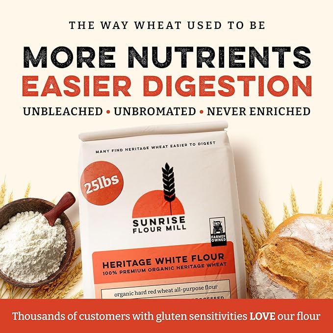 Sunrise Flour Mill Heritage Organic White Flour | USDA Organic All Purpose Flour Unbleached - Non-GMO, Kosher, Glyphosate Free, High Protein for Baking, Unbromated White Wheat (400 Ounce (Pack of 1))
